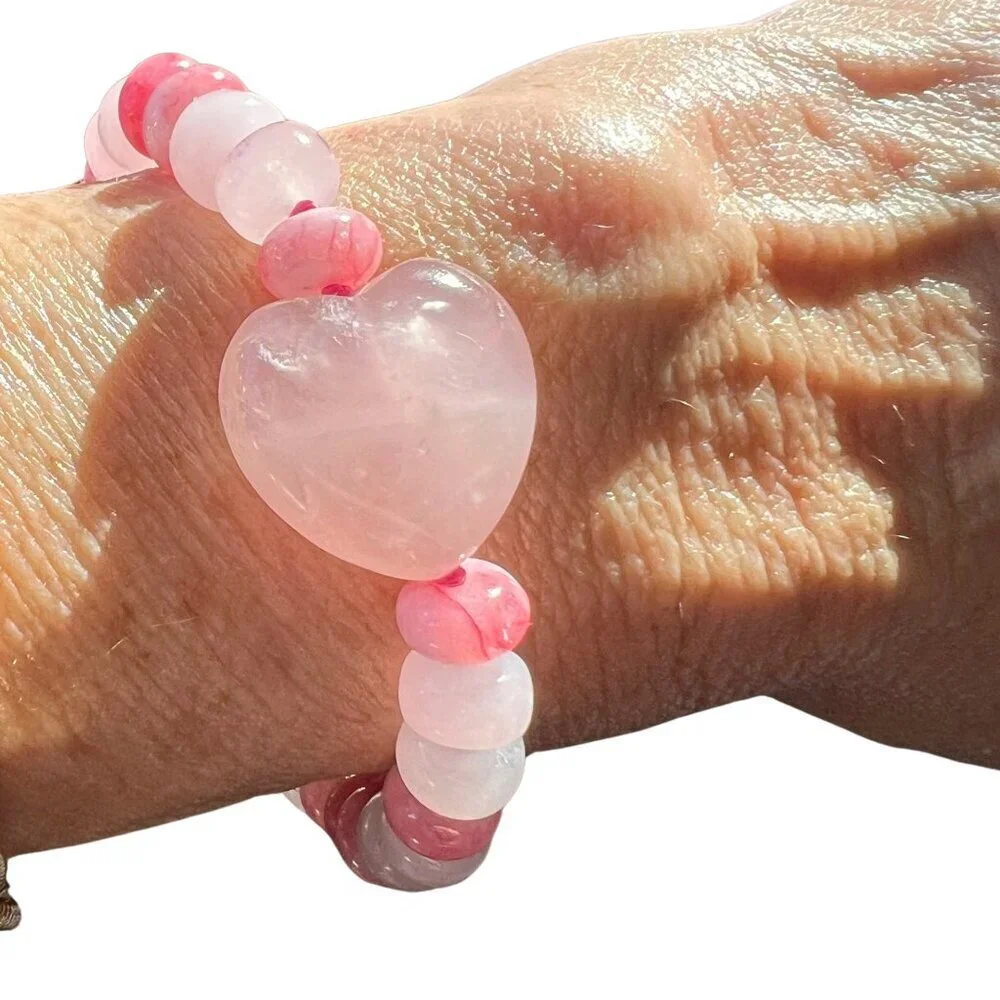 Pink Jade  Rose Quartz Heart Gemstone Bracelet Handcrafted Gold Filled Clasp